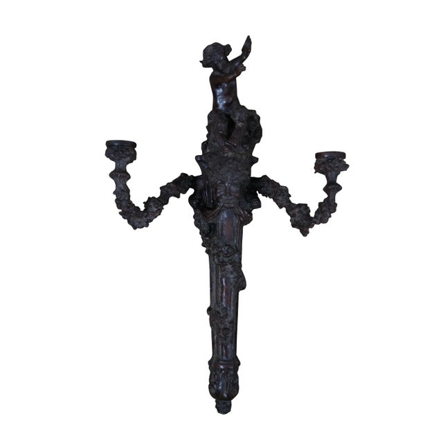 Rustic Late 19th Century Bronze Two Arm Candelabra Candle Holder Wall Sconces Faun Bacchus- a Pair For Sale - Image 3 of 12