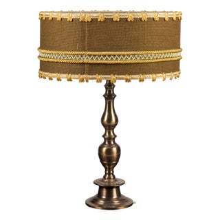 Brass & Metal Table Lamp with Circular and Low Fabric Shade For Sale