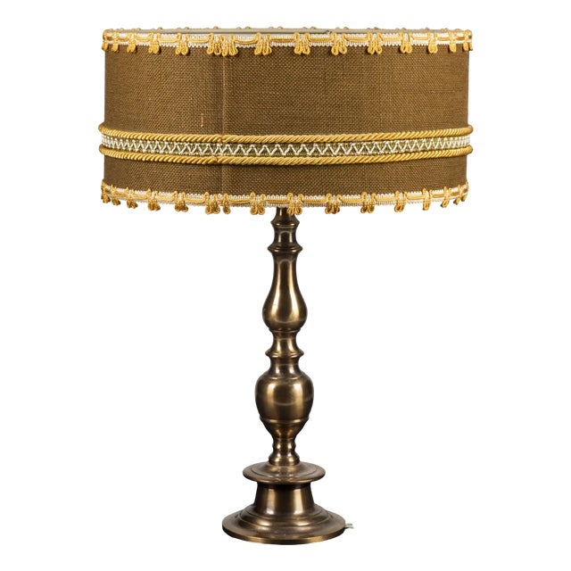 Brass & Metal Table Lamp with Circular and Low Fabric Shade For Sale