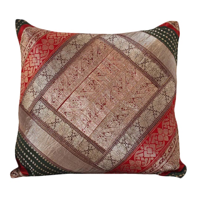 Decorative Vintage Throw Pillow Made From Silk Sari Borders, India For Sale