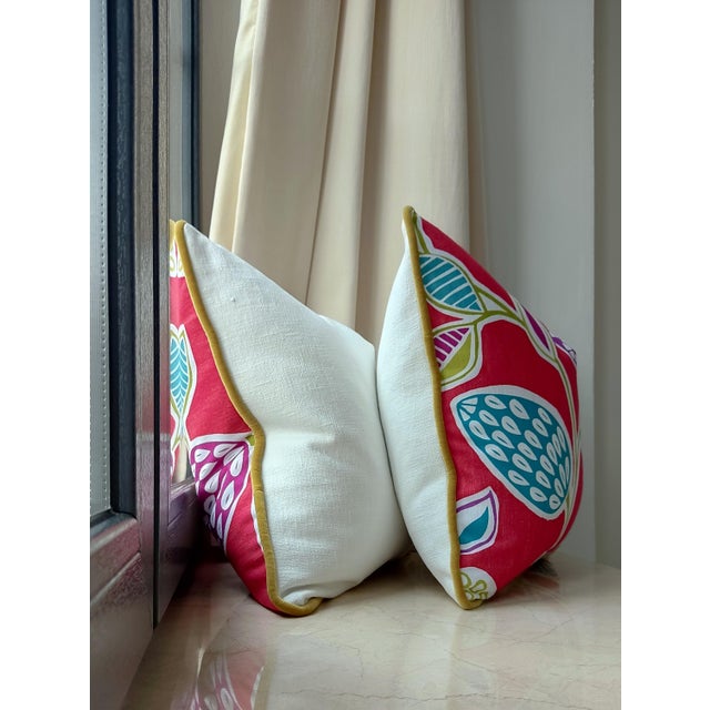 Vibrant Cottagecore Charm: Hana Chess in Ruby + Romo Miro in Beijing Blue + Down-Feather Filled Pillows = a Set of 4 For Sale - Image 11 of 17