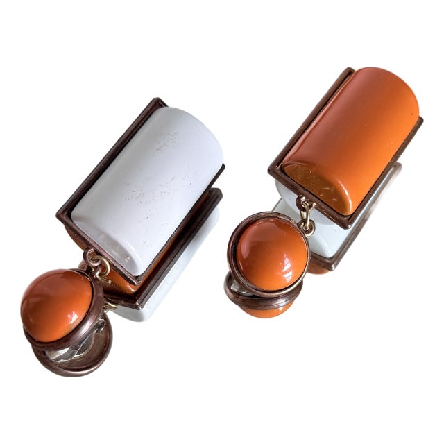 Vintage 1960s Mod Geometric Clip on Earrings Orange White, Attributed to Pierre Cardin, A Pair For Sale