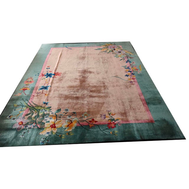 1920s Antique Chinese Beige Cream Open Field Floral Art Deco Wool Knotted Rug For Sale In New York - Image 6 of 13