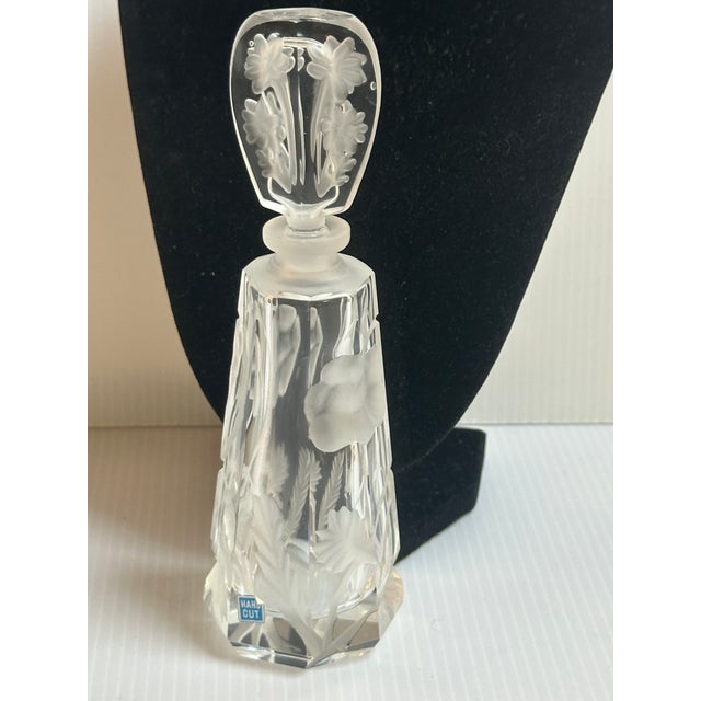 Vintage Hand Cut Thick Crystal Etched Satin Floral Scene Elegant Perfume Bottle For Sale - Image 12 of 13