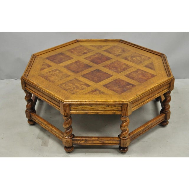 Vintage Baker Furniture Barley Twist Oak & Burlwood Parquetry Octagonal Coffee Table. Circa Mid 20th Century....