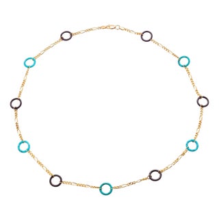14k Yellow Gold Italian Onyx & Turquoise Circle Necklace 21" Length For Sale