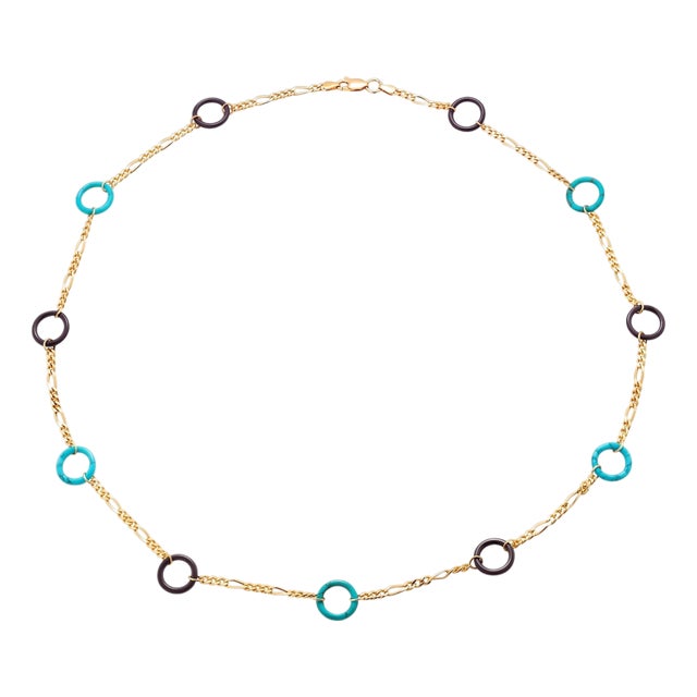 14k Yellow Gold Italian Onyx & Turquoise Circle Necklace 21" Length For Sale