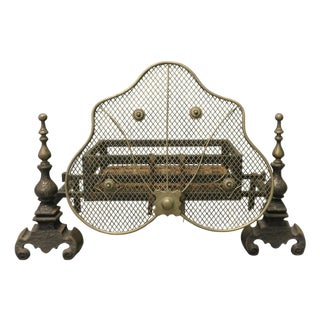 Antique Fire Grate on Andirons with Brass Guard, 1800s For Sale