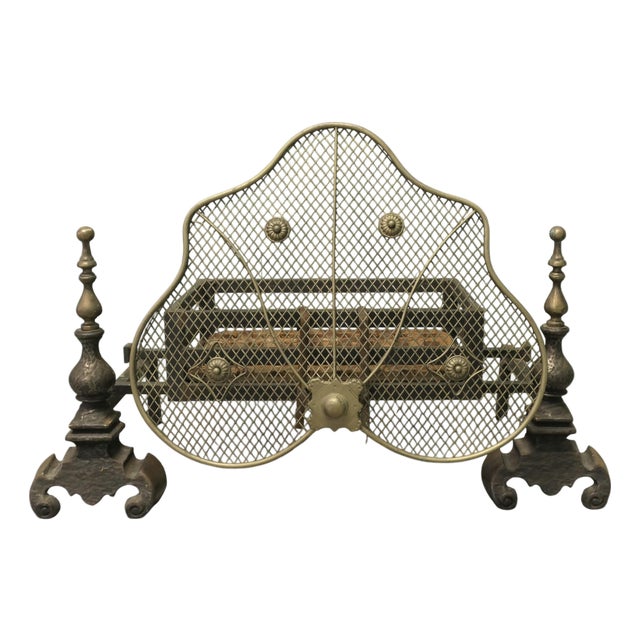 Antique Fire Grate on Andirons with Brass Guard, 1800s For Sale