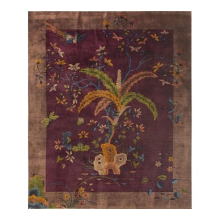 1920s Antique Purple Field Modern Handknotted Wool Chinese Art Deco Carpet Rug For Sale