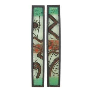 Pair of Wood Framed Painted Folk Art Glass Windows For Sale