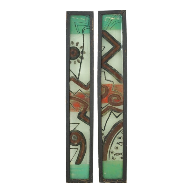 Pair of Wood Framed Painted Folk Art Glass Windows For Sale