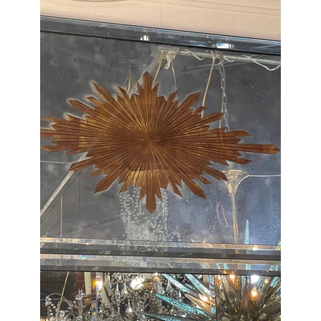 Modern Pair of Jansen Style Eglomise Sunburst Trumeau Mirrors With Beveled Glass For Sale - Image 3 of 7
