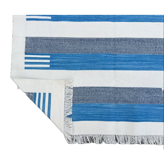 Casa Cosima Handmade Cotton Area Rug, Sky Blue and White Cotton Vegetable Dyed Striped Dhurrie-12'x15' For Sale - Image 4 of 12