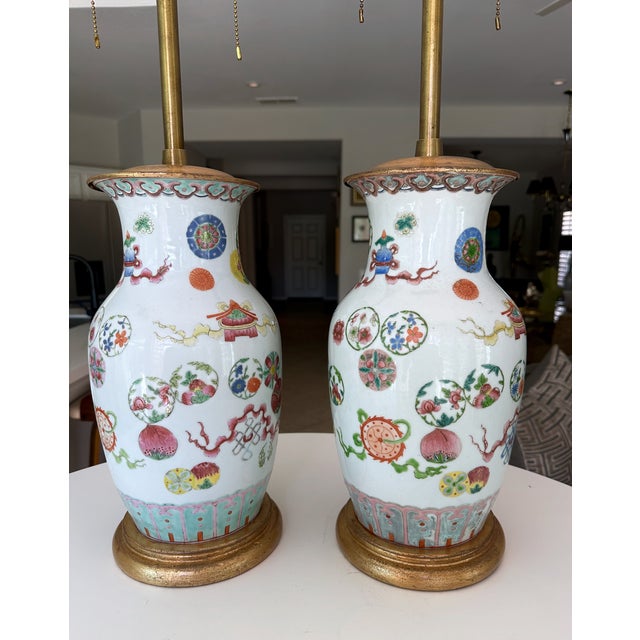 Pair 19th Century Chinese Marbro Famille Rose Porcelain Table Lamps For Sale In Palm Springs - Image 6 of 18