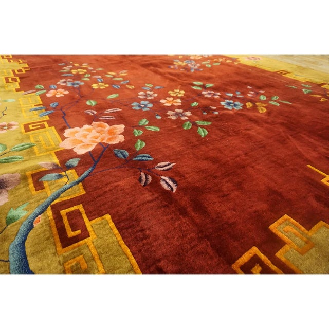 1920s Large Long Narrow Antique Red Shah Abbas Floral Chinese Art Deco Rug For Sale - Image 4 of 9
