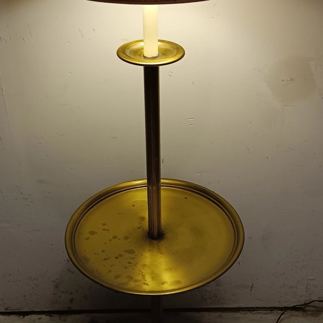 Vintage MCM Brass Floor Lamp With Built-in Table and Lamp Shade For Sale - Image 17 of 18