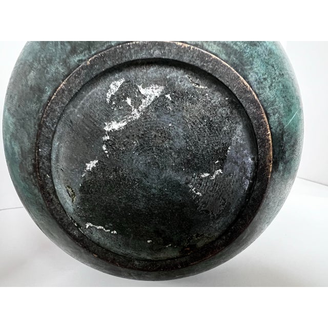 Large Vintage Green Patina Verdigris Bronze Japanese Ikebana Vase For Sale - Image 4 of 4