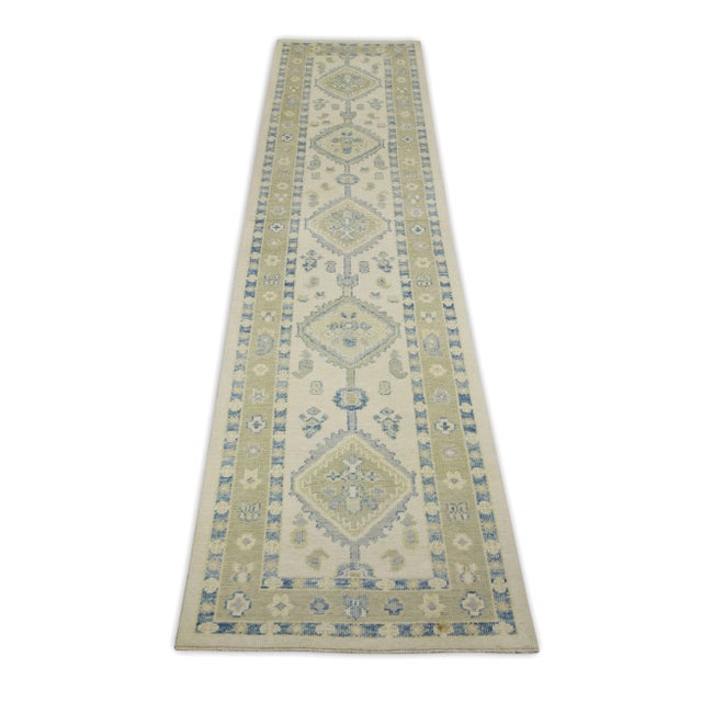 Early 21st Century Early 21st Century Green & Blue Geometric Design Handwoven Wool Turkish Oushak Rug 2'10" X 11'8" For Sale - Image 5 of 7