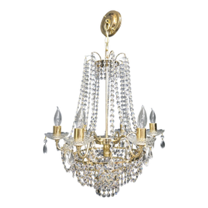 Vintage Brass & Crystal Wedding Cake Chandelier – Waterfall Tiered 5-Light Regency Pendant