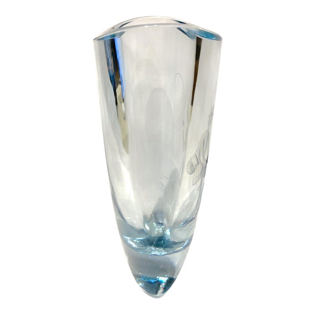 Mid-Century Signed Swedish Strömbergshyttan Engraved Crystal Vase With Fisherman Motif For Sale - Image 9 of 10