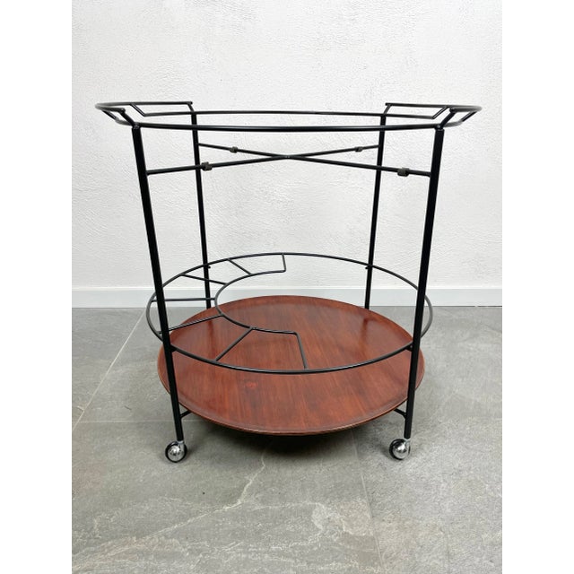 Teak & Black Metal Round Serving Cart Tray, Italy, 1960s For Sale - Image 9 of 15