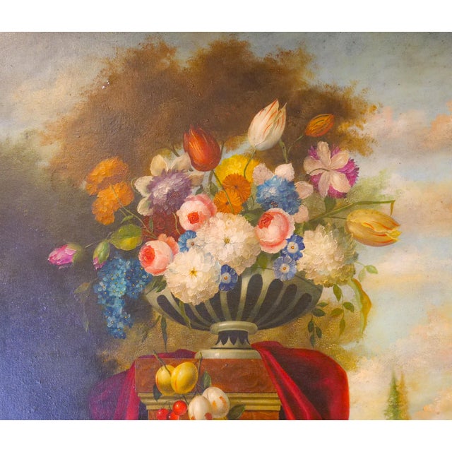 Extra Large Gilt Wood Frame Oil / Canvas Flowers / Fruits Still Life Painting For Sale - Image 9 of 12