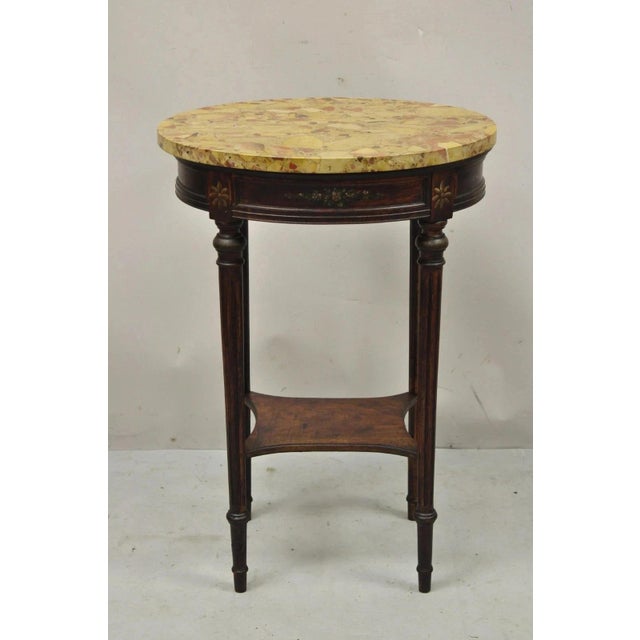 Antique French Louis XVI Style Victorian Oval Marble Top Accent Side Table. Item features oval rouge marble top, hand...