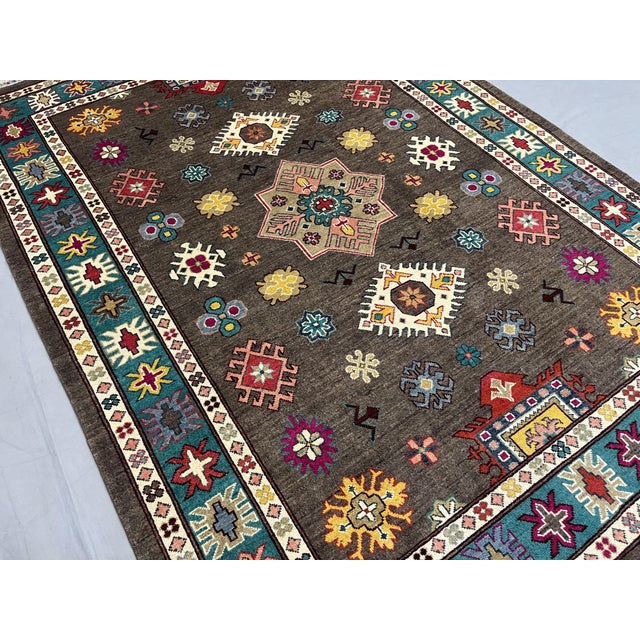 Brown and Teal Kazak Rug With Star Medallion, 5'8" X 7'9" For Sale - Image 6 of 15