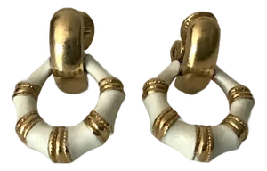 1980s Monet White Enamel and Gold Door Knocker Earrings, A Pair