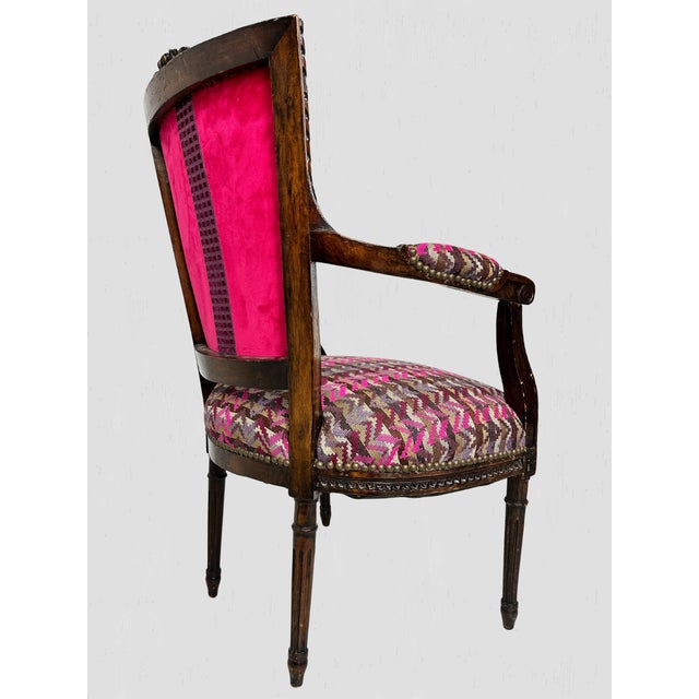 Wood French Mahogany Square Back Chair Pair Pink Velvet Magenta Purple Petit Point For Sale - Image 7 of 17