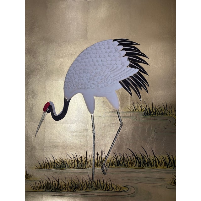 Chinoiserie Hand‑Painted Gold Leaf Chinoiserie Mural Panels, Red‑Crowned Crane & Plum Blossom, Set of 2 For Sale - Image 3 of 4