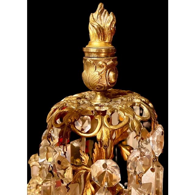 Pair of Antique American Cornelius Gilt Bronze and Crystal Three Arm Candelabra For Sale - Image 9 of 10