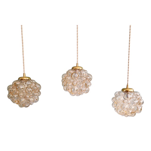 Amber Bubble Glass Pendant Lights by Helena Tynell for Glashütte Limburg, 1970s, Set of 3 For Sale