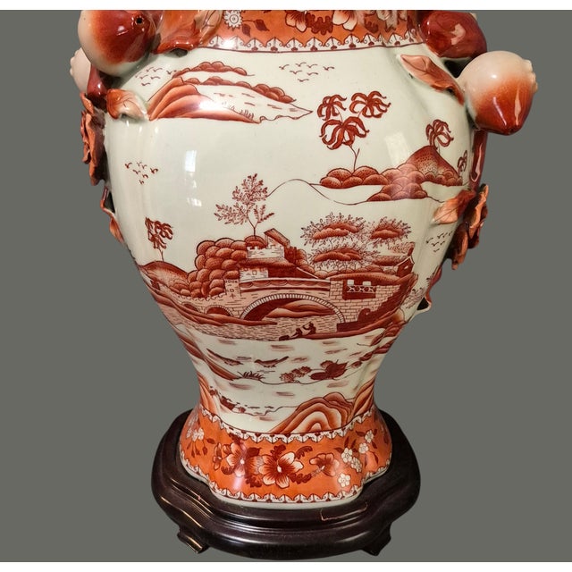 Brick Red Vintage Japanese Kutani Red Landscapes Pomegranate Floral Handles Table Lamp For Sale - Image 8 of 14