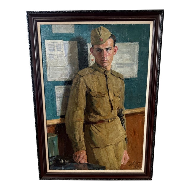 Vintage Mid Century Socialist Realism Oil Portrait “Sentry Soldier” Signed Ivan Loboda '64 For Sale