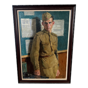 Vintage Mid Century Socialist Realism Oil Portrait “Sentry Soldier” Signed Ivan Loboda '64