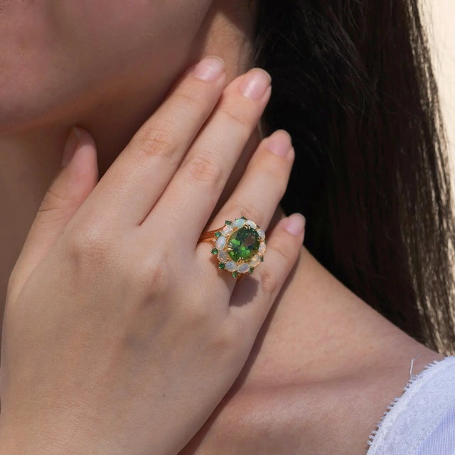 Kai Natural Peridot Opal Tsavorite Cocktail Ring in 14k Yellow Gold, size 10 For Sale In Los Angeles - Image 6 of 7