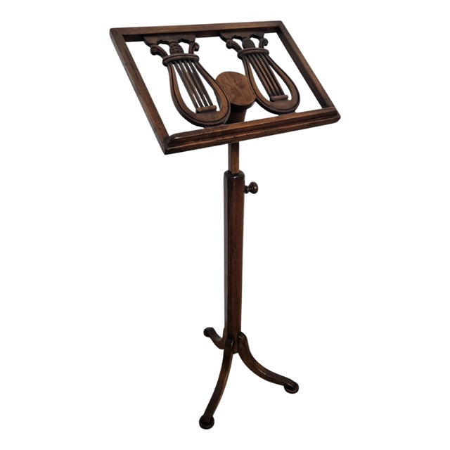 Italian Wooden Lyre Shaped Adjustable Floor Book Stand, 1980s For Sale