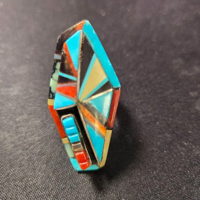 Blue Late 20th Century Richard Begay Mosaic Sterling Turquoise Spiny Oyster Coral & Onyx Coffin Ring Size 8 For Sale - Image 8 of 8