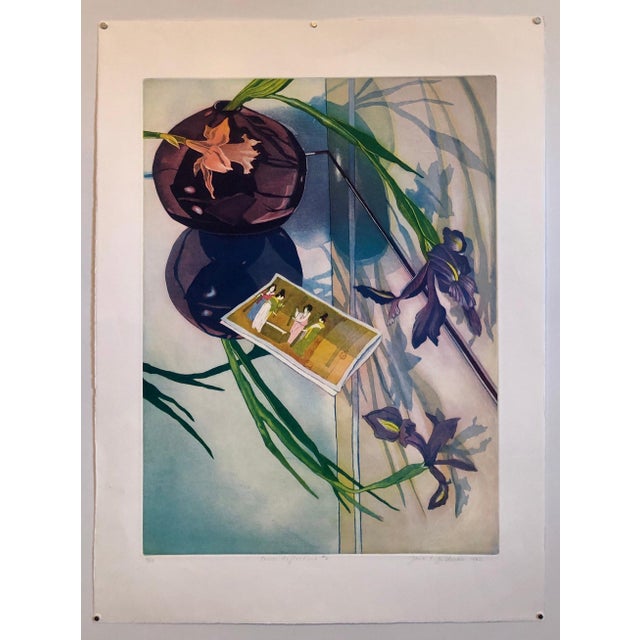 Contemporary Jane Goldman, Jane Goldman Contemporary Floral Luminous Color Etching Flowers Chinese Geishas, 1982 For Sale - Image 3 of 11