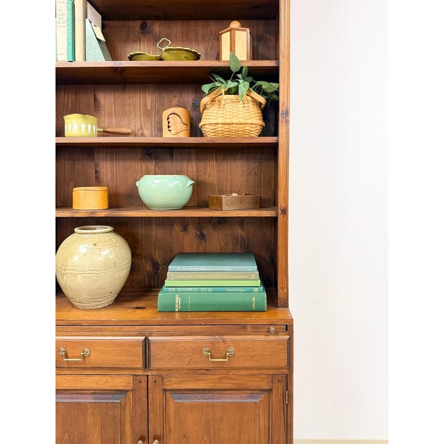 Handmade Pine Walnut Tone Bookcase Desk Drawers Cabinet Antique Style For Sale - Image 15 of 16