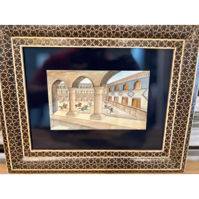 Vintage Persian Handmade Khatam Frame w/ Chovgan Game Painting. A fantastic micro mosaic frame with a framed camel bone...