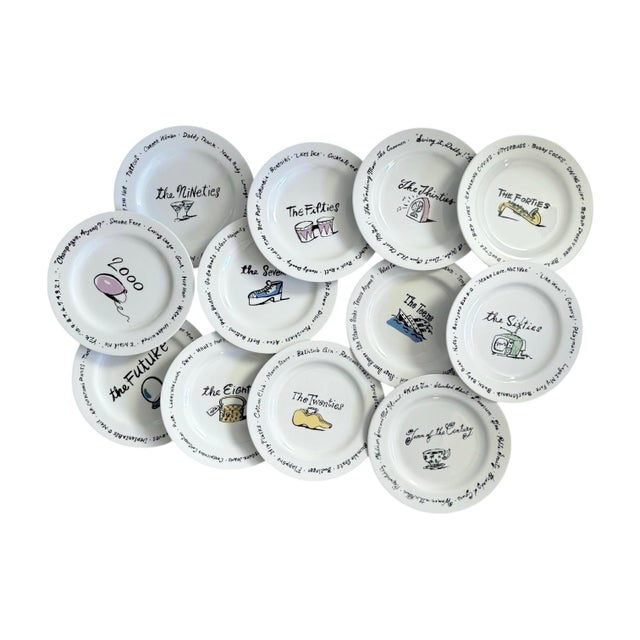 A complete set of 12 Pottery Barn Millennium Series “The Decades” ceramic plates, circa 1999. Each plate measures 8.25” —...
