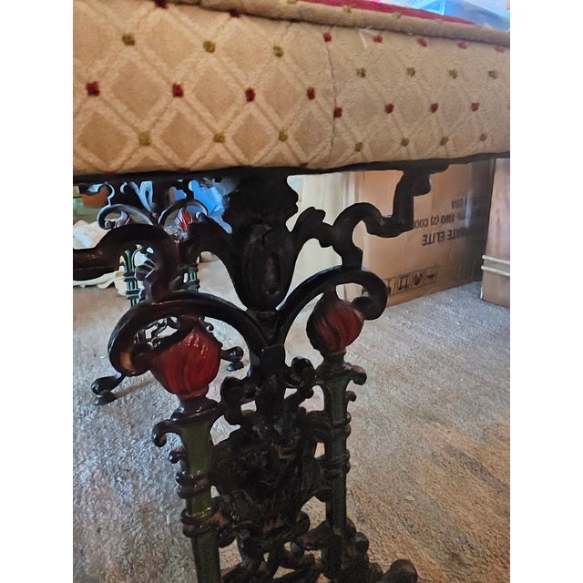 Metal Antique 19th Century Victorian Ornate Cast Iron Parlor Bench With Patchwork Jacquard Cushioned Seat For Sale - Image 7 of 8