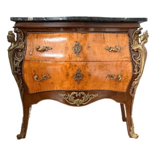 1960s French Louis XV Style Marble Top Bombe Commode With Figural Ormolu Mounts For Sale