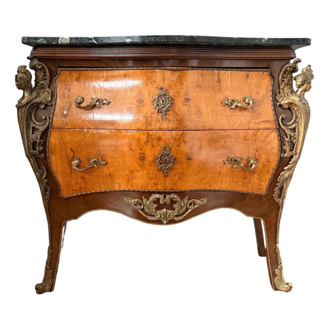 1960s French Louis XV Style Marble Top Bombe Commode With Figural Ormolu Mounts For Sale