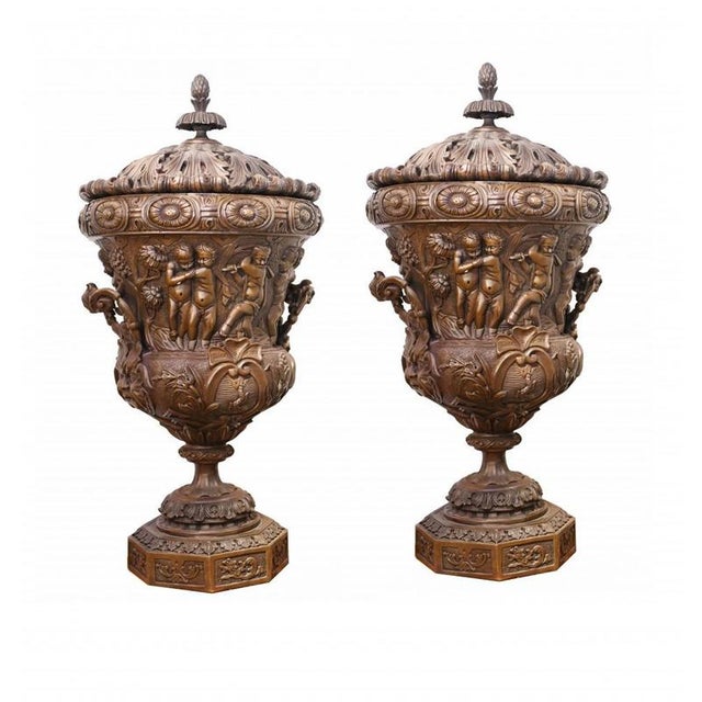 Large Bronze Urns Monumental Campana Cherub attributed to Clodion, Set of 2 For Sale - Image 12 of 12