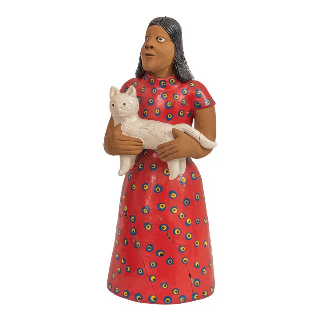 Vintage Brazilian Folk Art Hand-Painted Clay Sculpture "Woman With Cat" For Sale