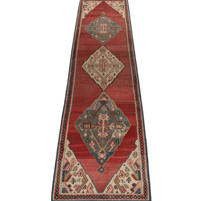 1920s Antique Bidjar Kilim in Red With Blue and Beige Tribal Medallions, Pink Accents For Sale - Image 5 of 8
